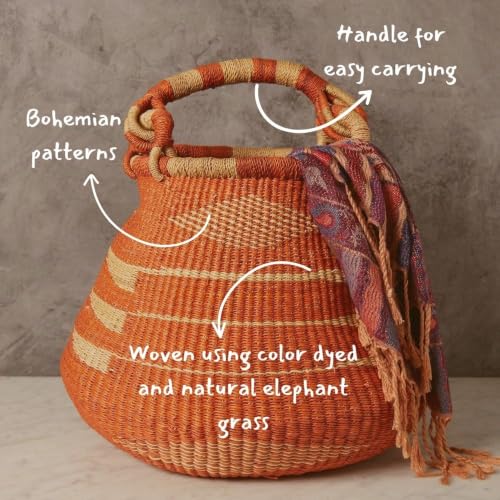 Large Orange Bolga African Basket with Handle (Geometric Orange)