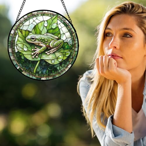 Green Frog Lily Pond Stained Glass Window Hanging Suncatcher Gifts 6.3" (Green / 6.3x6.3 IN)