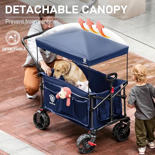 Folding Push Wagon with Canopy (Navy / Light Blue)