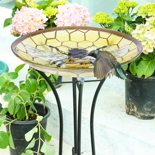 Glass Bird Bath with Metal Stand (bee)