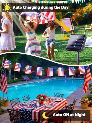 4th of July Decorations 50 LED Solar American Flag String Lights Outdoor (Red-Blue-White Flag / 1 Pack)