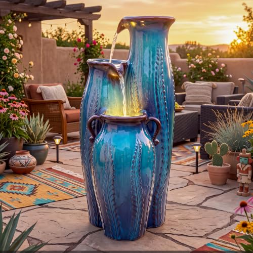 30" Ceramic Vase Water Fountain Outdoor with LED Lights (Turquoise Cascading Vase 29.5"h)