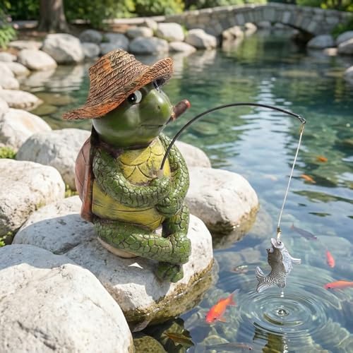 9.5" Turtle Fishing Sculptures & Statues (Green Multi)