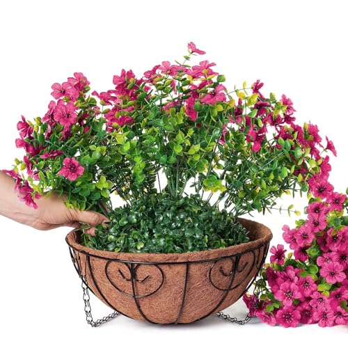 Artificial Fake Hanging Plants Flowers Basket for Outdoor Outside Porch Summer Decoration (Rose Red)