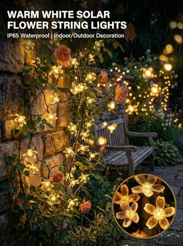 2 Pack 50 LED Flower Solar String Lights Outdoor Waterproof (Warm White / 2 Pack)
