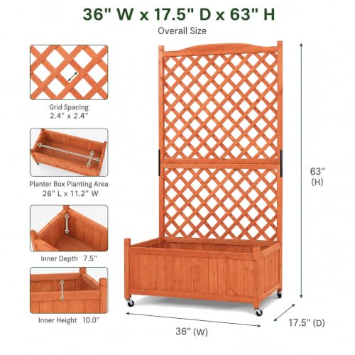 Trellis Raised Garden Bed with Wheels Trellis for Climbing Plants Outdoor (Red Brown / H63 × W36 × D17.5 in)
