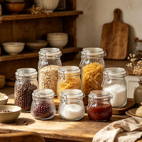 Large Ribbed Glass Jars with Airtight Lids 51 oz 3 Pack Wide Mouth (51 fl oz x 3 - Ribbed)
