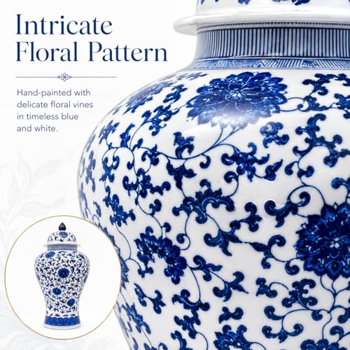 24" Blue and White Floral Porcelain Ginger Jar with Lid (Floral)