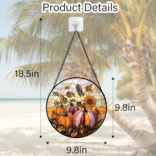 Fall Sunflowers Pumpkins Stained Glass Window Hanging Suncatcher Gifts 9.8" (Orange Pink / 9.8x9.8 IN)