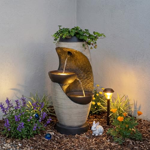 2 Tier Bowl Water Fountain with LED Lights (Beige-27.95")