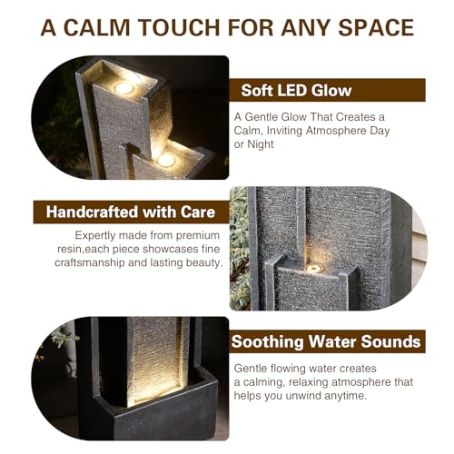 39" Modern Outdoor Water Fountain with LED Lights (Gray / 39 inch)