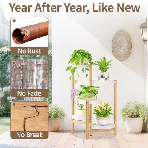 Plant Stand Table Tall for Indoor Corner (Classic White-Bamboo / 5 Tier)