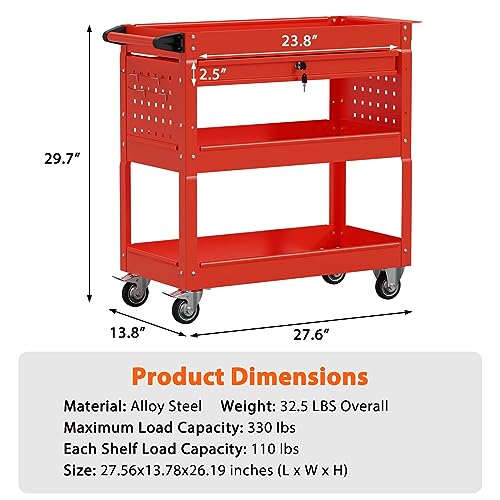 3 Tier Heavy Duty Rolling Tool Cart with Drawers (Red)