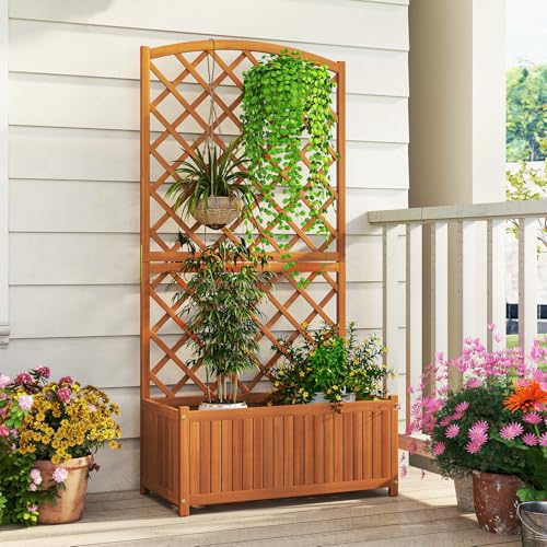 Solid Acacia Wood Planter Box with Trellis (Orange / 32"Lx16"Wx63"H)