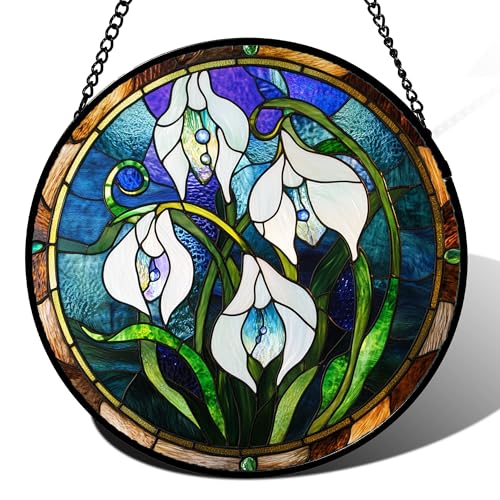 White Lily Stained Glass Window Hanging Suncatcher Gifts for Women 7.8" (7.8x7.8 IN)