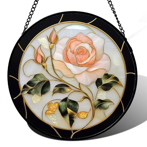 Pink Rose Stained Glass Window Hanging Suncatcher Gifts for Women 12"