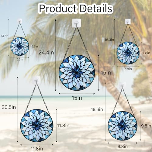 Abstract Lotus Stained Glass Window Hanging Suncatcher Gift for Women 6.3" (Blue and White / 6.3x6.3 IN)