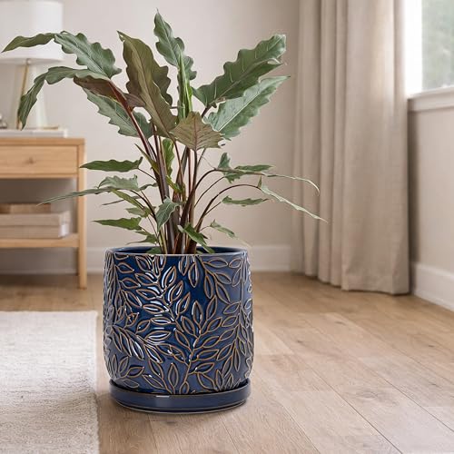 Embossed Leaves Ceramic Planter (8 Inch / Midnight Blue)