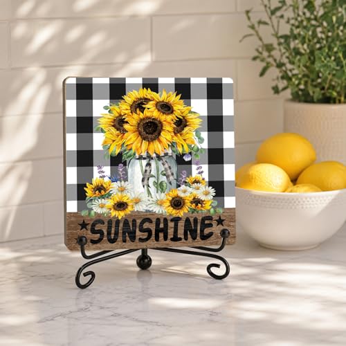 Sunflower Decor for Rustic Farmhouse (Black and White Plaid Sunshine)