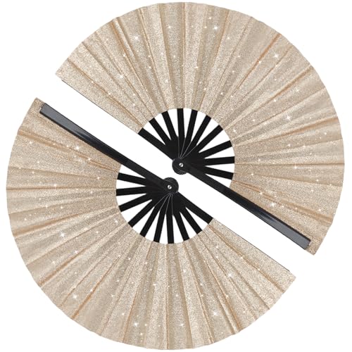 2 Pack Glitter Large Folding Hand Fans for Line Dancing (Champagne Gold)