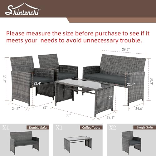4 Piece Patio Ratten Set Outdoor Furniture Set Wicker Conversation Set with Cushions and Tempered Glass Tabletop (Grey)