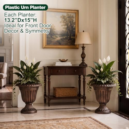 4 Pcs 13 x 15 Inches Brushed Copper Plastic Urn Planter Classic Flower Pots Front Porch Planters Indoor Outdoor Planters with Pedestal for Wedding Party Bridal Shower Garden Patio Porch (13 x 15 Inches / Brushed Copper)