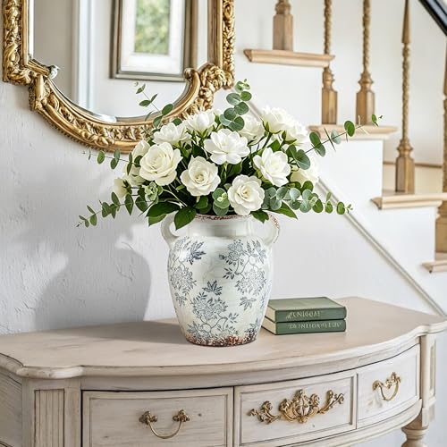 Blue and White Ceramic Vase with Handles (01-blue and White-7.8 in)