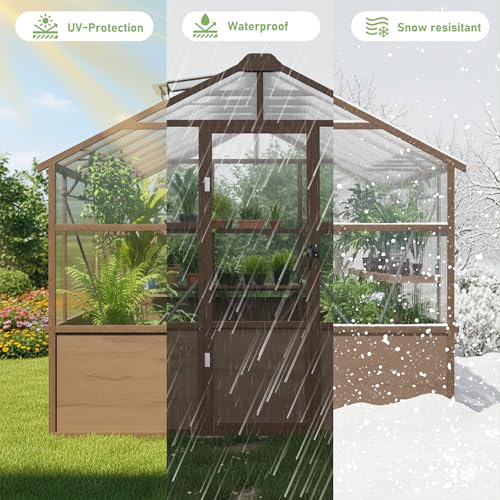 8x16 FT Wooden Walk in Polycarbonate Greenhouse for Outdoors (Brown / 8x16 FT)