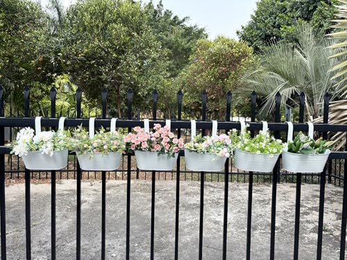 6 Pack 10" Metal Hanging Fence Planter Outdoor with Detachable Hooks (White)