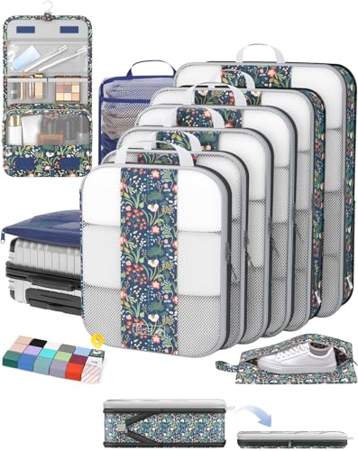 10 Set Compression Packing Cubes for Travel Essentials (Dark Blue Floral)