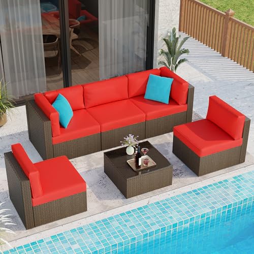6 Pieces Patio Furniture Set Outdoor Couch Wicker Sectional Sofa (Red / 6 pcs)