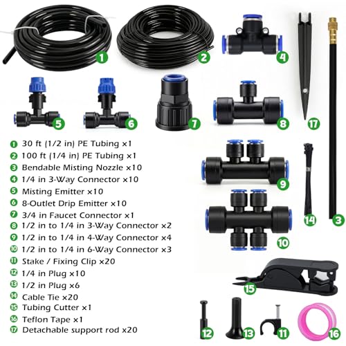 Drip Irrigation System 130FT with 10 Bendable Nozzles (30 ft hose (1/2 in OD）+100 ft hose (1/4 in OD）)