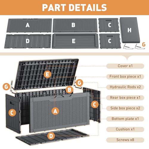 100 Gallon Resin Deck Box Large Outdoor Storage Boxes with Cushions for Garden Tools (Gray / 100 Gallon)