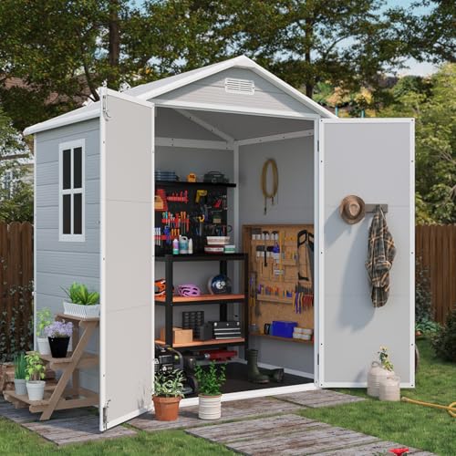 6x4 FT Resin Outdoor Storage Shed with Floor (Light Gray / 6x4 FT)