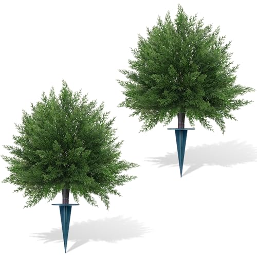 2 Pack Artificial Cypress Topiary Ball Trees 23" with Ground Spike (3d Cedar)