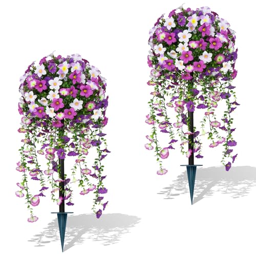 36" 2PCS Fake Topiary Bushes with Purple Morning Glory Flowers (Purple Morning Glory)