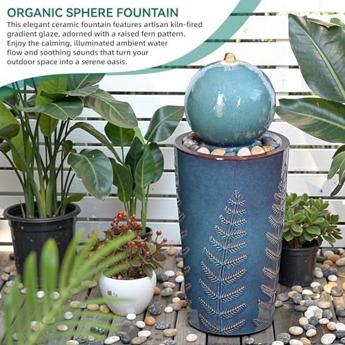 29.5" H Ceramic Sphere Water Fountain with LED Light (Blue Glaze Pebbles Teal 29.5"h-sphere)