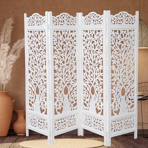 Room Divider Wooden Foldable Hand Carved Screens Panel 80" Wx72 H 4Panel (Antique White / 80"W x 72"H - Tree)