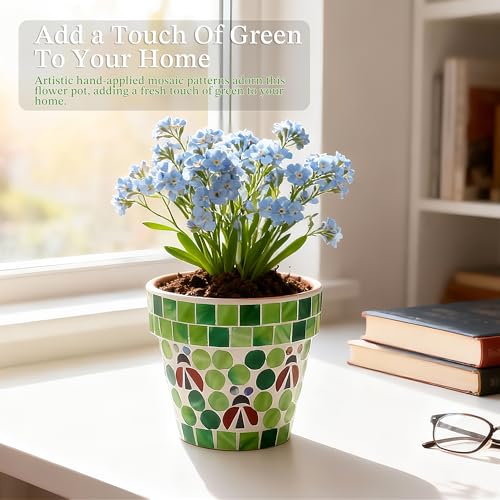 Mosaic Terracotta Flower Pot with Ladybug Design (Green)
