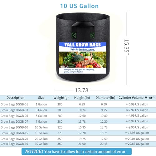 Tall Fabric Pots for Plants (Black / 10 Gallons 5 Pack)