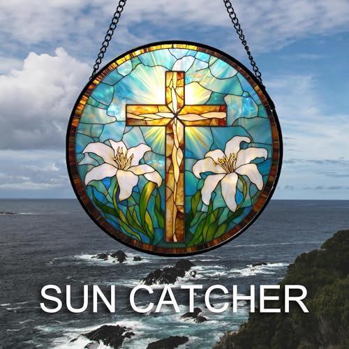 Cross with White Lilies Stained Glass Window Hanging Suncatcher Gifts 6.3" (Blue and Brown / 6.3x6.3 IN)
