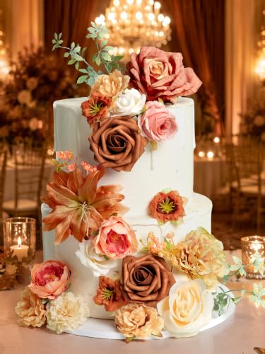 Fall Artificial Flowers Combo Fake Flowers Bulk for Wedding Decor (Champagne Coffee)