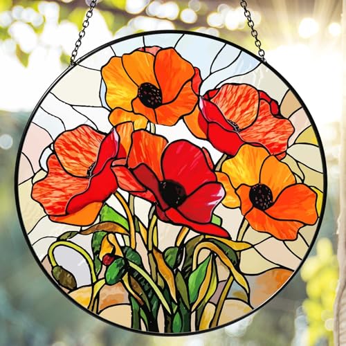 California Poppy Forest Sun Catcher 6'' Stained Glass Window Hanging Flower Lover Gifts for Women Red Poppy Kitchen Decor Suncatcher Decoration for Home Garden Housewarming Gifts (Poppy-02 / 5.91inch)