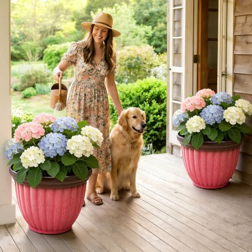 15" Large Planters for Outdoor Plants Set of 2 Plastic Flower Pots (15"-gradient Coral Pink)