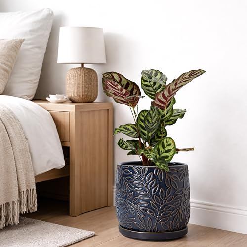 Embossed Leaves Ceramic Planter (8 Inch / Midnight Blue)