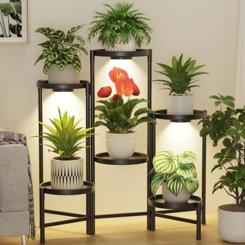 Plant Stand Indoor 10 Inch Large Tray With Lights (Standard Black with Light / 6 Tier)