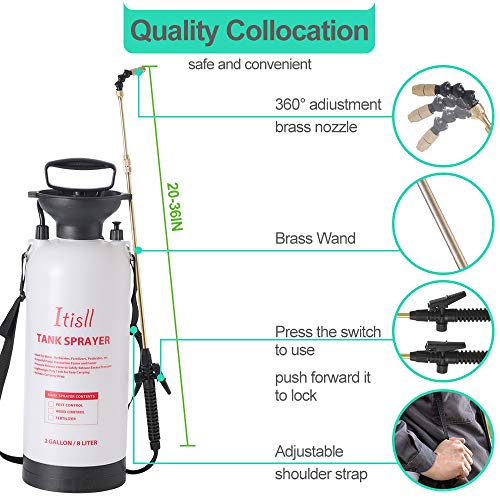 Portable Garden Pump Sprayer Brass Wand Shoulder Strap for Yard Lawn Weeds Plants 2Gal (White / 2 Gallons)