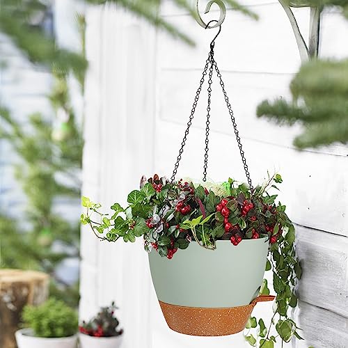 10/9/8 Inch Hanging Planter for Indoor Outdoor Plants, 3 Pack Self-Watering Hanging Pot with Drainage Holes Hanging Planter Baskets Plant Pots with Removable Tray (Green+Brown) (3 Count)