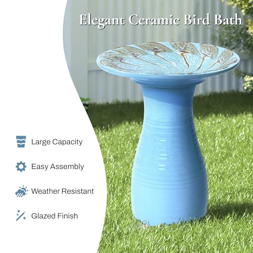 LuxenHome 20" Ceramic Bird Bath for Outside (Sky Blue)