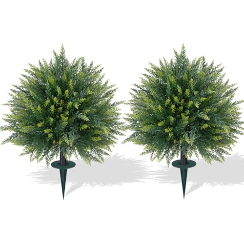 Artificial 2 Pack Cedar Topiary Trees with Ground Spike for Porch Decor (Cedar Ball)